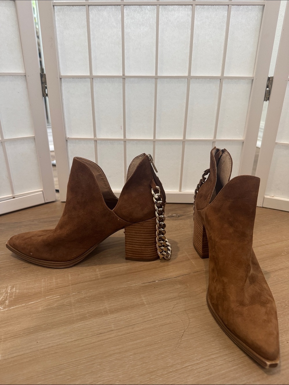 Steve Madden Women’s Suede Brown Pointed Toe Block Heel Ankle Boots With Chain